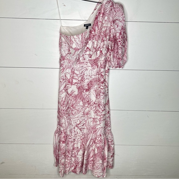 Express • Printed One Shoulder Puff Sleeve Ruffle Hem Midi Dress Size Medium - Picture 4 of 8
